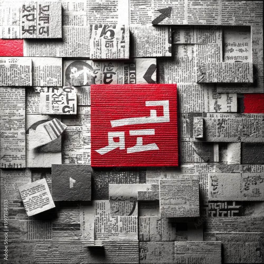Poster abstract typography: textured blocks with bold red accent and ancient script fragments composition