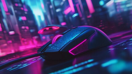 A high-tech gaming mouse illuminated with vibrant neon colors, set against a futuristic urban landscape featuring glowing lights and sleek architecture