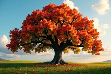 Naklejka premium Mature oak tree with abundant acorns, vibrant fall colors , nature, picture