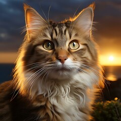 A majestic cat with fluffy fur gazes into the sunset, showcasing its striking features.
