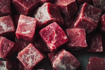 A close up culinary photography shot of raw beef cubes