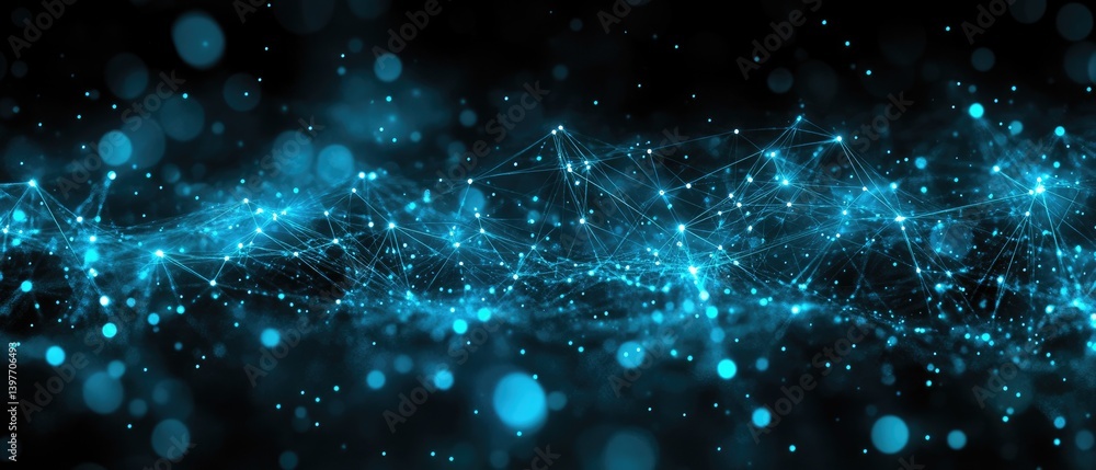 Sticker connected teal network, glowing nodes and lines on black, bokeh effects