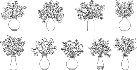 Flower in vase doodle illustration including different floral bouquets. Hand drawn cute line art about plants in interior. Thin linear drawing for coloring. Editable Stroke 