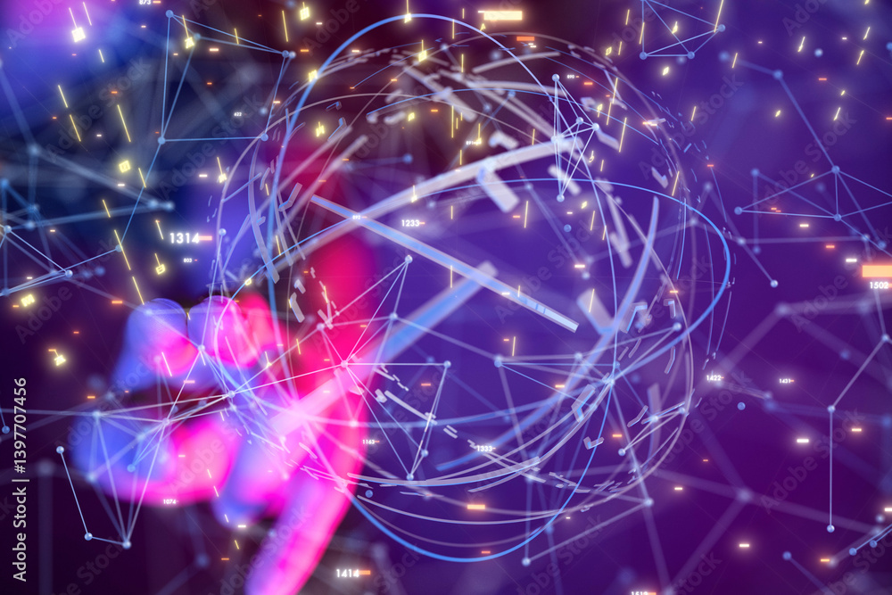Aufkleber Global network. Blockchain. 3D illustration. Neural networks and artificial intelligence. Abstract