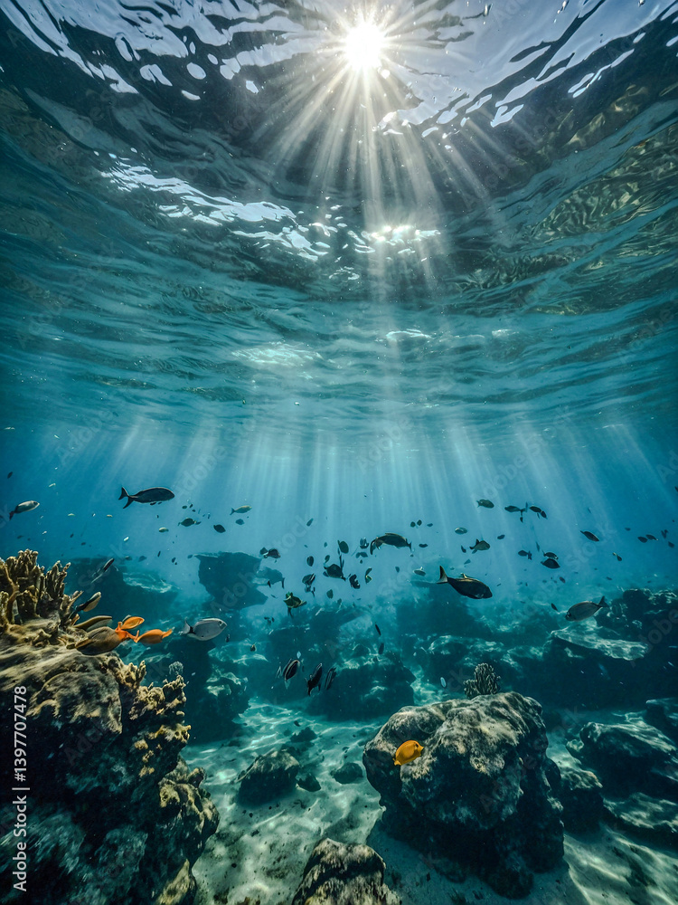 Poster dynamic underwater scene with water patterns and surreal textures.