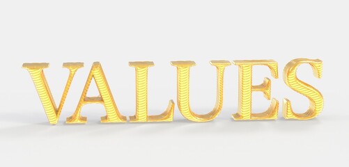 Fototapeta premium High-quality 3D render of the word VALUES in gold. Ideal for business, ethics, and moral concepts.