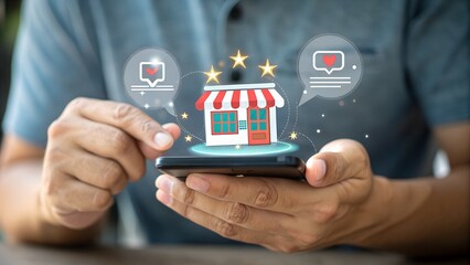 Local business reviews and customer feedback system on mobile device, showcasing star ratings for small businesses. Digital marketing, local SEO, and consumer experience in online business reviews