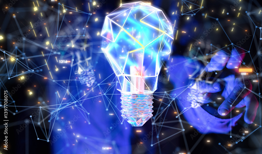 Poster Neural network 3D illustration. Big data and cybersecurity