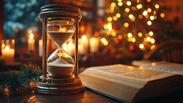 A warm and inviting atmosphere is created with candlelight and twinkling lights. An hourglass sits on a table beside an open book, reflecting a calm scene amidst holiday decoration.