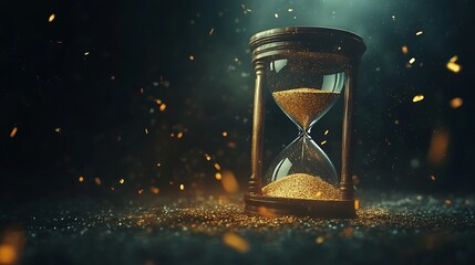 A close-up of an hourglass with glowing golden sand flowing between two glass bulbs, surrounded by a mystical dark atmosphere with particles of light scattered throughout, creating a magical and