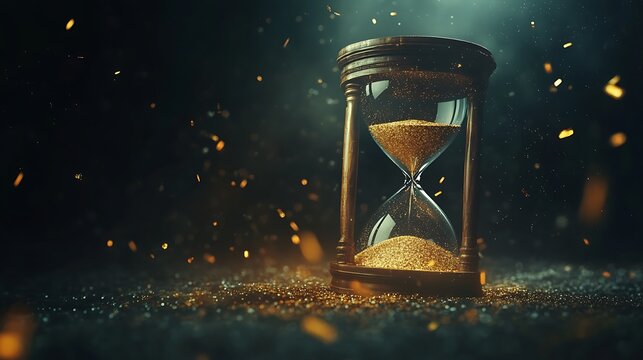 A close-up of an hourglass with glowing golden sand flowing between two glass bulbs, surrounded by a mystical dark atmosphere with particles of light scattered throughout, creating a magical and
