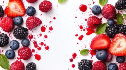 Fresh assortment of berries with splashes of juice on a white background, ideal for food photography