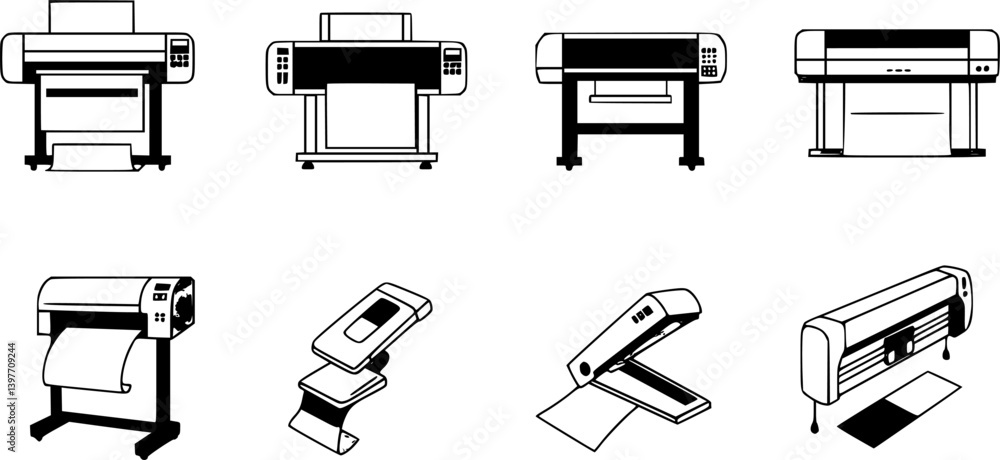 Poster printer line icon set. large format printing, plotter, scanner, cutting machine minimal vector illus