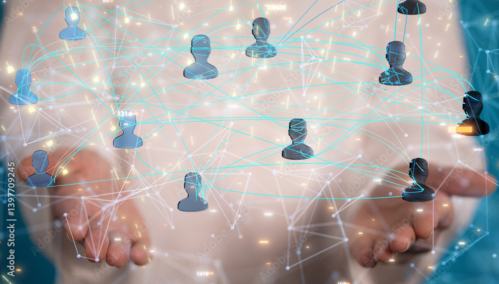 Poster Neural network 3D illustration. Big data and cybersecurity