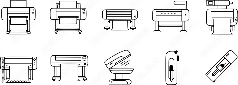 Fototapete Printer line icon set. Large format printing, plotter, scanner, cutting machine minimal vector illustrations. Simple outline signs for printshop. Editable Stroke