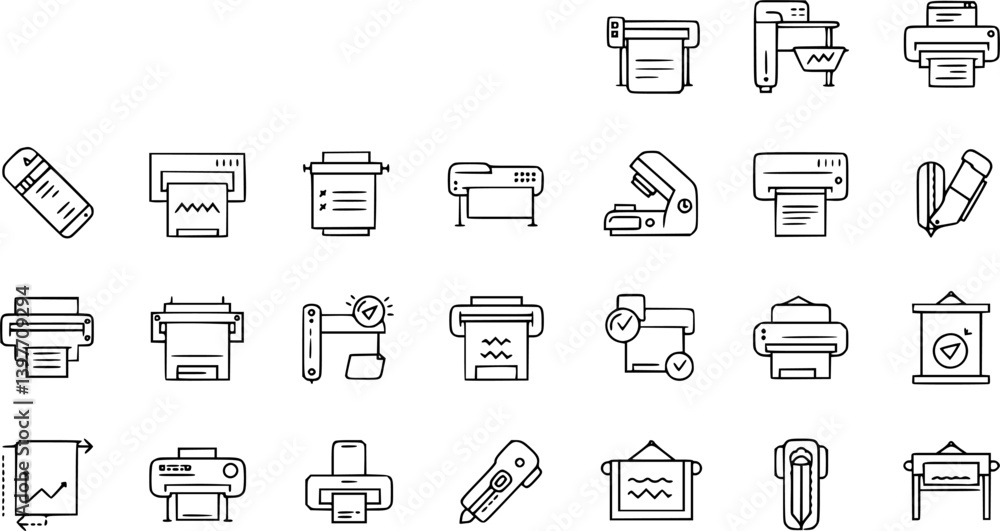 Poster printer line icon set. large format printing, plotter, scanner, cutting machine minimal vector illus