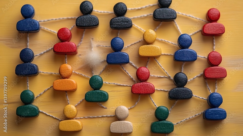 Poster networked figurines are linked on a wooden surface, visualizing connections and interactions