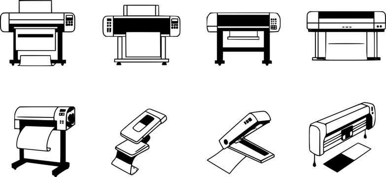 Printer line icon set. Large format printing, plotter, scanner, cutting machine minimal vector illustrations. Simple outline signs for printshop. Editable Stroke