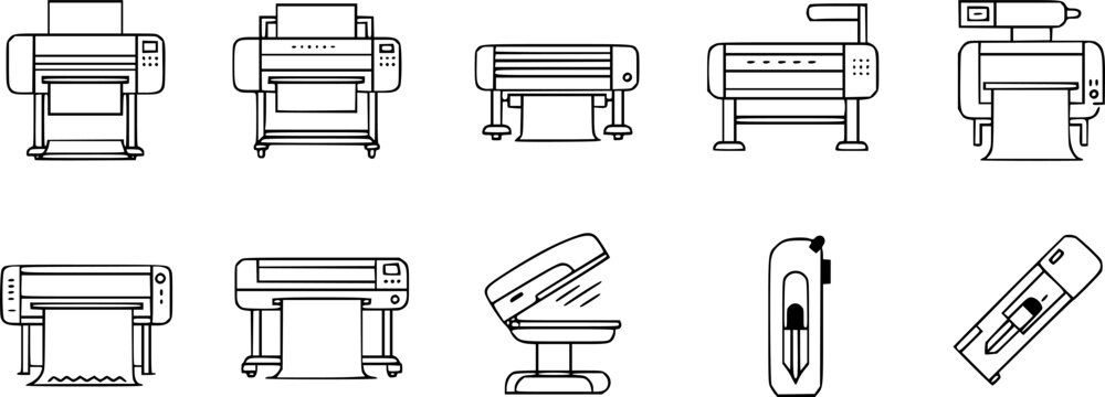 Printer line icon set. Large format printing, plotter, scanner, cutting machine minimal vector illustrations. Simple outline signs for printshop. Editable Stroke