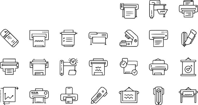 Printer line icon set. Large format printing, plotter, scanner, cutting machine minimal vector illustrations. Simple outline signs for printshop. Editable Stroke