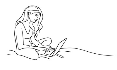 Woman working on laptop lying on bed, continious line drawing. Freelancer, technologies, self-employed outline. Vector illustration