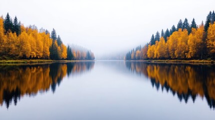 Autumnal lake reflections.  Misty forest mirrored on tranquil water