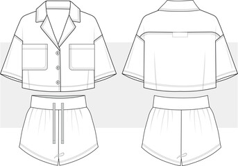 women's short sleeve cropped shirt, Hawaiian resort shirt with shorts set design flat sketch illustration drawing, vector. aloha casual wear fashion illustration. Front and Back view. cad, mockup. © gulsenbozkurt