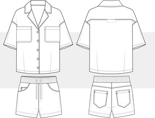 Men's short sleeve shirt, Hawaiian resort shirt with shorts set design flat sketch illustration drawing, vector. aloha casual wear fashion illustration template, front and back view. cad, mockup. © gulsenbozkurt