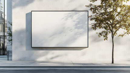 Minimalist Urban White Wall with Blank Billboard and Tree Shadows in Modern Cityscape for Advertising Mockups
