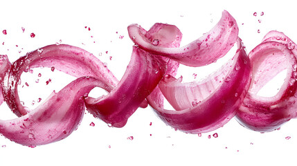 Dynamic Red Onion Slices with Splashing Water Droplets and Vibrant Pink Hues on White Surface for Food Photography