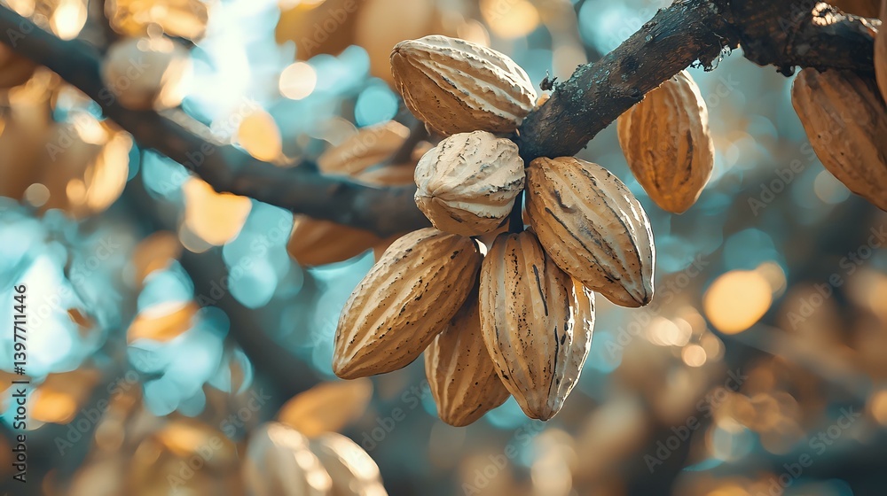 Poster cluster of ripe almonds on tree branch with soft bokeh background in turquoise and golden tones, mac