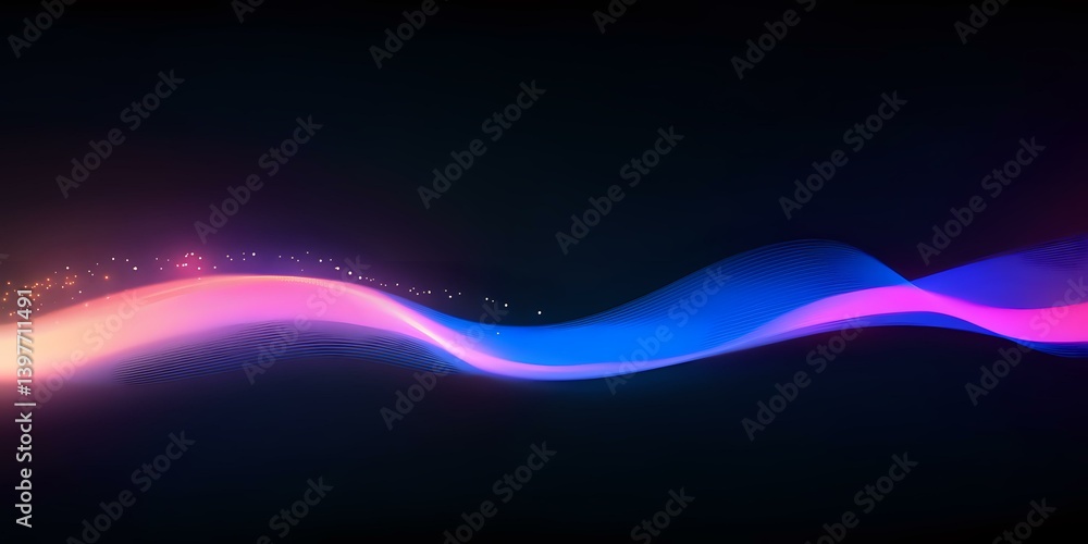 Poster glowing neon wave with pink and blue gradient colors flowing on dark background, sparkling particles