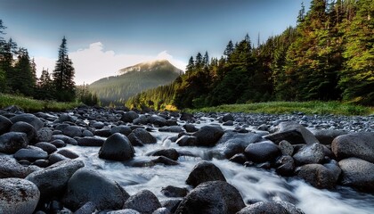 Black Boulders Litter Puyallup Creek In Mount Rainier