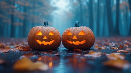 Fototapeta premium Two carved pumpkins on a wet road, leaves surround in forest