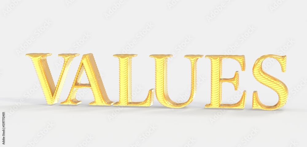 Poster high-quality 3d render of the word values in gold. perfect for business and finance concepts.
