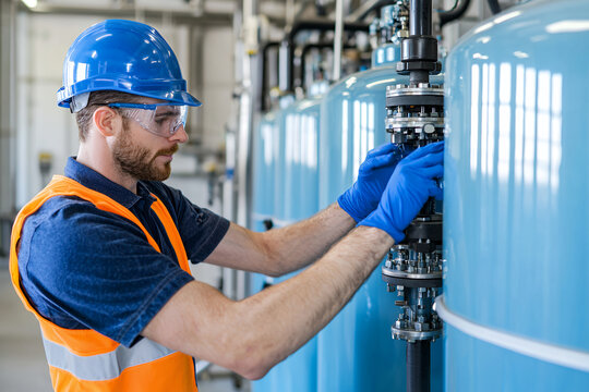 worker blue hard hat and safety goggles is adjusting equipment large blue tanks industrial setting, showcasing focus safety