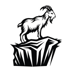 Black and White Alpine Ibex Standing on Mountain Rock Silhouette, Isolated