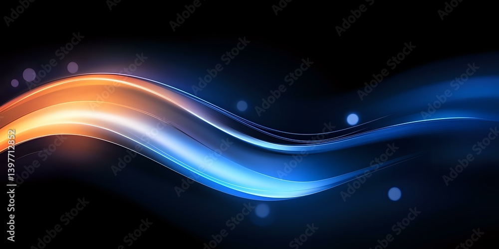 Poster dynamic flowing waves of orange and blue light create abstract motion effect against dark background