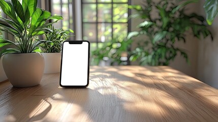 Smartphone on a wooden table, surrounded by plants and natural light