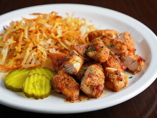 Fototapeta premium Delicious grilled chicken served with seasoned hash browns and pickles on a white plate