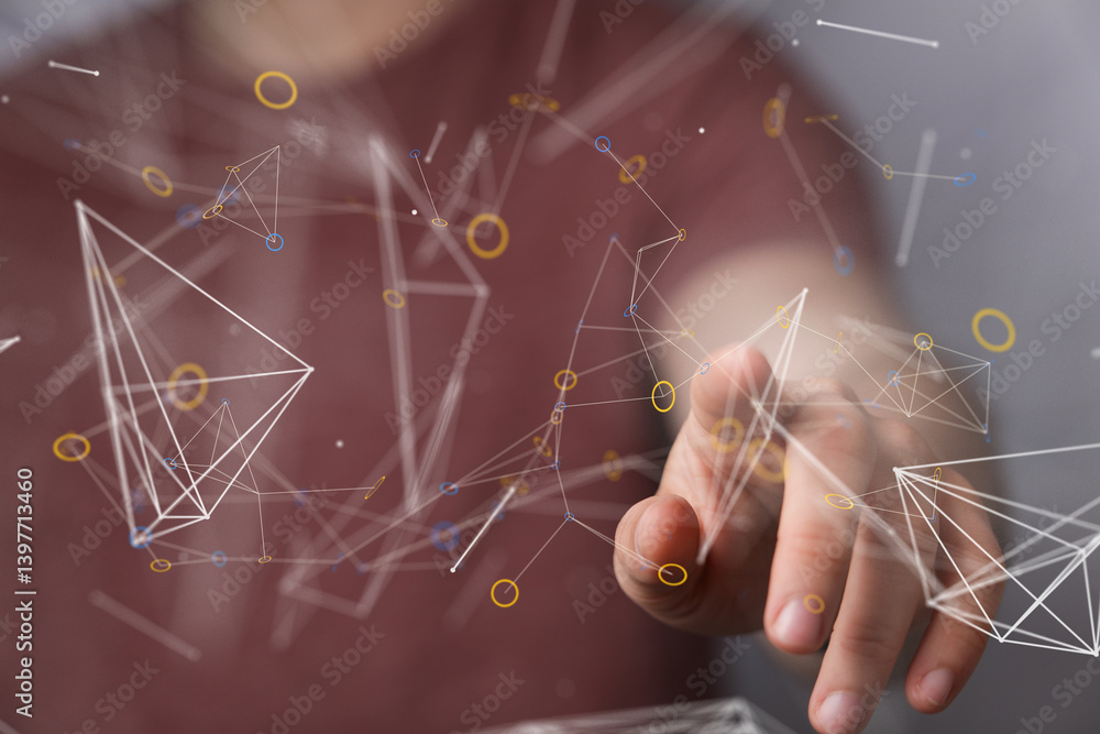 Poster Abstract image of a hand interacting with a digital network. Ideal for tech, AI, and connectivity concepts.