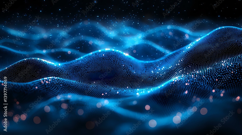 Poster abstract digital wave pattern with glowing blue particles and bokeh effects flowing in dark space, c
