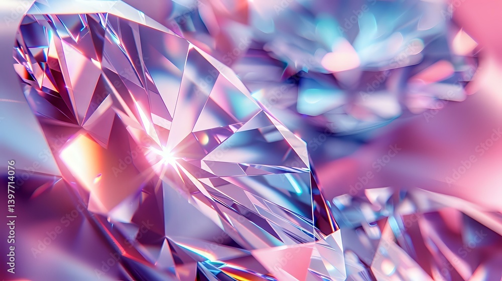 Poster macro view of crystal structure with pink and blue light refraction creating prismatic effect. luxur