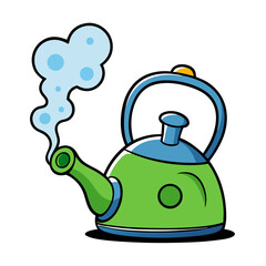 A cheerful green kettle whistling merrily, steaming warmly, ready to brew a comforting beverage with bold outlines and bright colors.