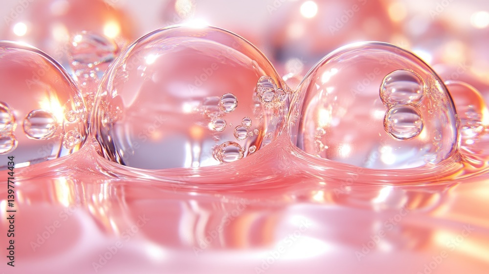 Poster clear bubbles sit on a pink surface, reflecting light, showing texture and depth in close-up