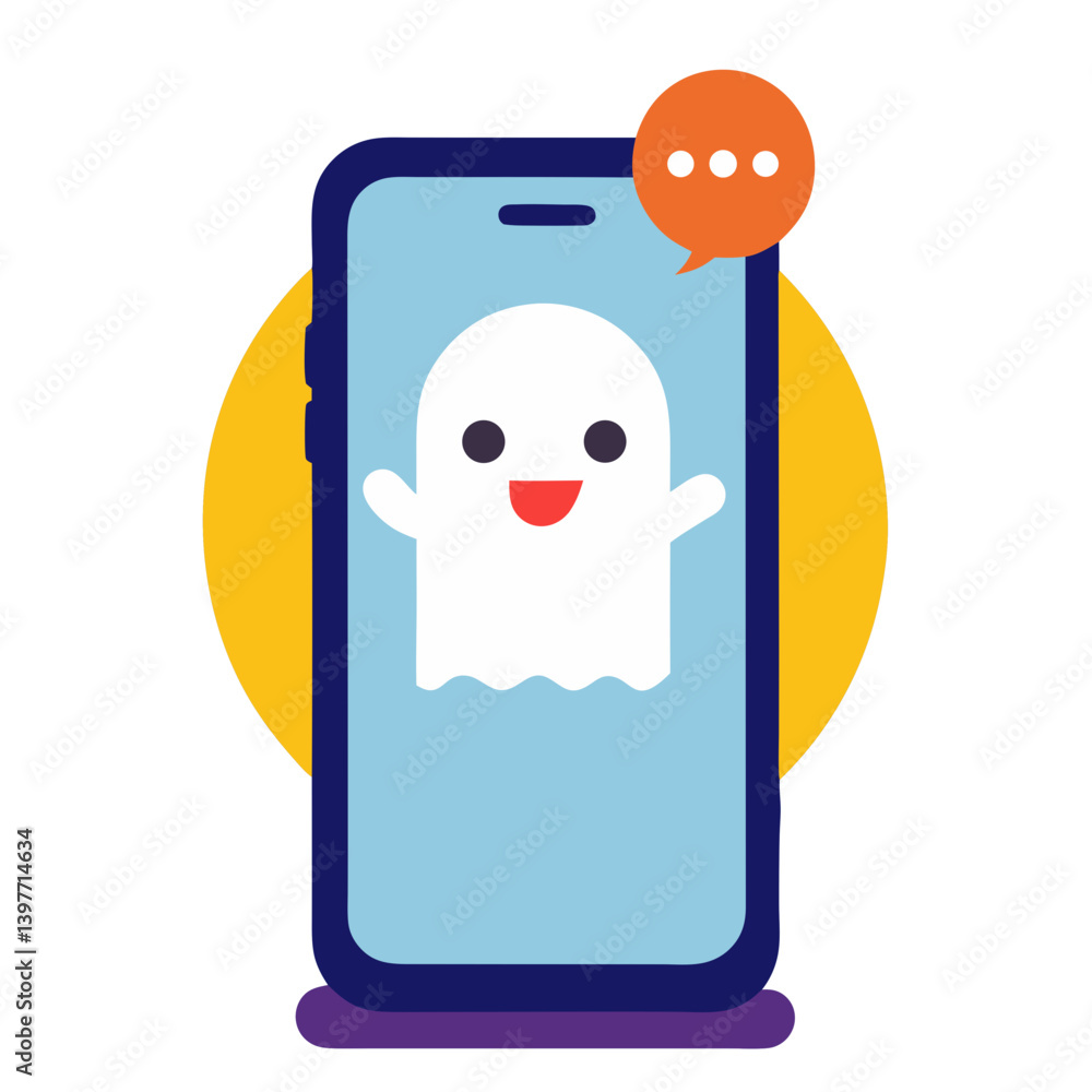 Poster a friendly ghost playfully appears on a smartphone screen, receiving a message notification; vibrant