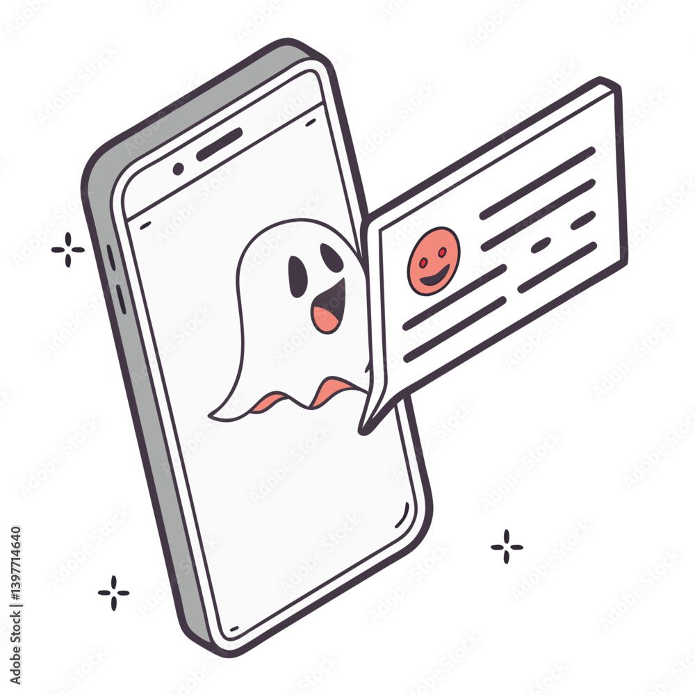 Poster a friendly ghost playfully pops up on a smartphone screen, delivering a cheerful message in a simple
