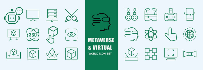 Virtual Reality and Metaverse Icon Set. A cutting-edge collection of icons designed to enhance immersive experiences, perfect for VR apps, gaming platforms, and digital worlds.