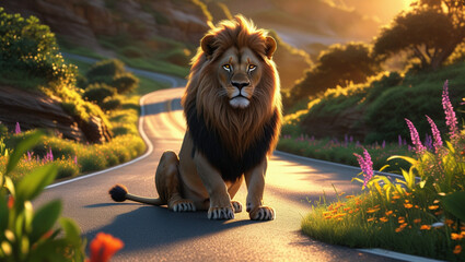 A majestic lion sits on a road amid greenery.......