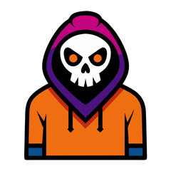 A mysterious skull-faced gamer hidden in a vibrant orange hoodie with purple and pink accents, showcasing bold cartoonish style.